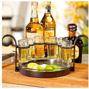 ZODAX Fiesta Six Shot Tequila Set w/ Tray Vintage Rustic Boho Barware Serveware